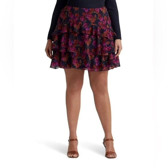 LAUREN RALPH LAUREN Plus Size 18 Floral Crinkle Georgette Tiered Skirt - Picture 14 of 16